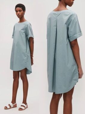 COS Light Blue Oversized Cotton Poplin Pleated Back Mini Swing Dress. SIZE 4.